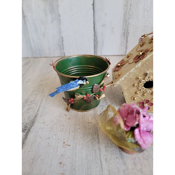 Unique bird house bucket bird ornament Xmas set - Picture 2 of 7